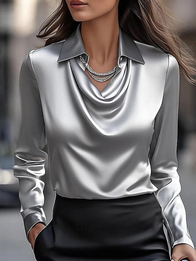  dames overhemd blouse satijn effen modern casual lange mouw overhemd kraag normaal elegant tops gedrapeerde halslijn dagelijks uitgaan gerimpeld losvallend zwart wijn marineblauw blauw kaki herfst