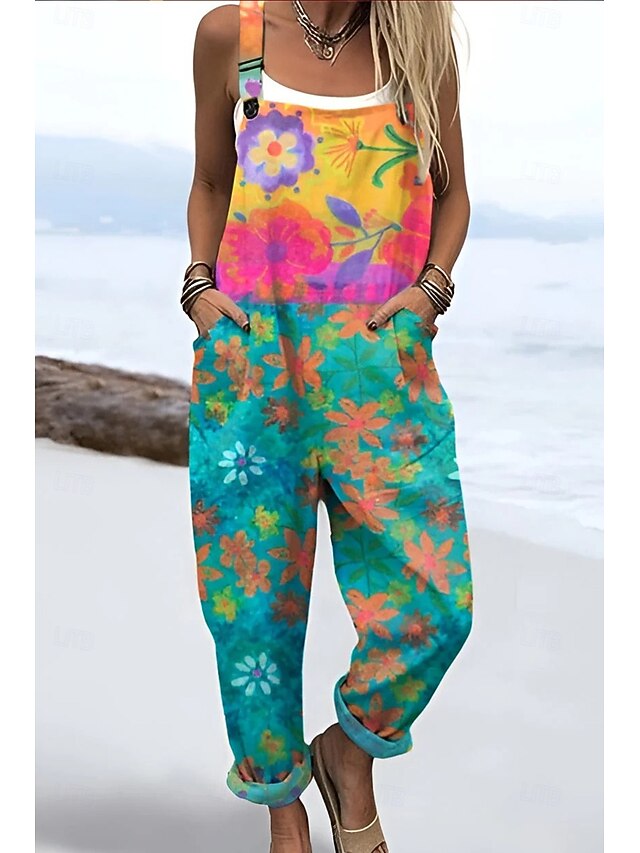Women's Dungarees Active Floral Sleeveless Sleeveless Straight Square Neck Pocket with Pocket Vacation Daily Loose Fit Pink Purple Green Summer4