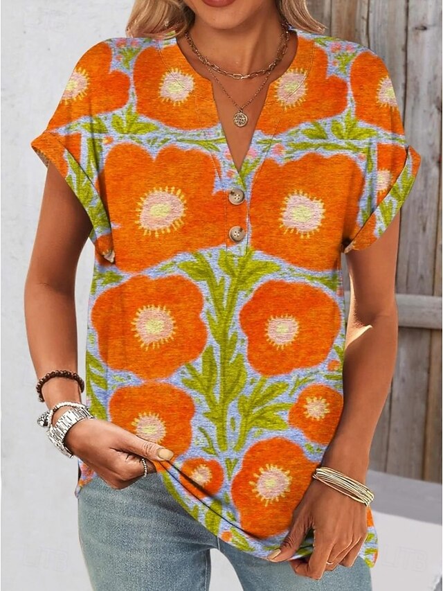 Women's T Shirt Floral Graphic Plants Vintage Stylish Classic Short Sleeve V Neck Notched Neck Regular Tops Daily Going out Weekend Print Orange Summer Spring3