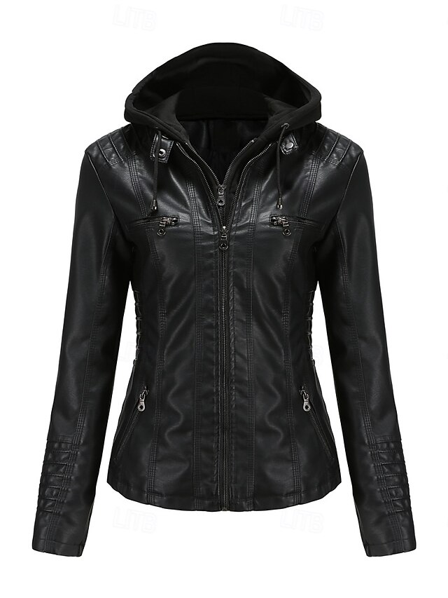  Mujer Chaqueta de cuero sintético Cómodo Bolsillo Full Zip Moda Estilo callejero Plano Exterior Casual Diario Regular Con Capucha Ajuste regular Manga Larga Ropa de calle Negro Blanco Rojo Primavera