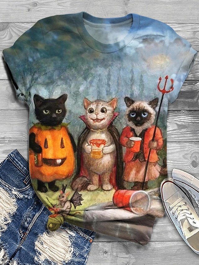  Halloween Femmes T-shirt Graphique Chat Potiron ancien Élégant Classique Manche Courte Col ras du cou Col rond Hauts Réguliers Quotidien Imprimé Noir Orange Kaki Été Automne