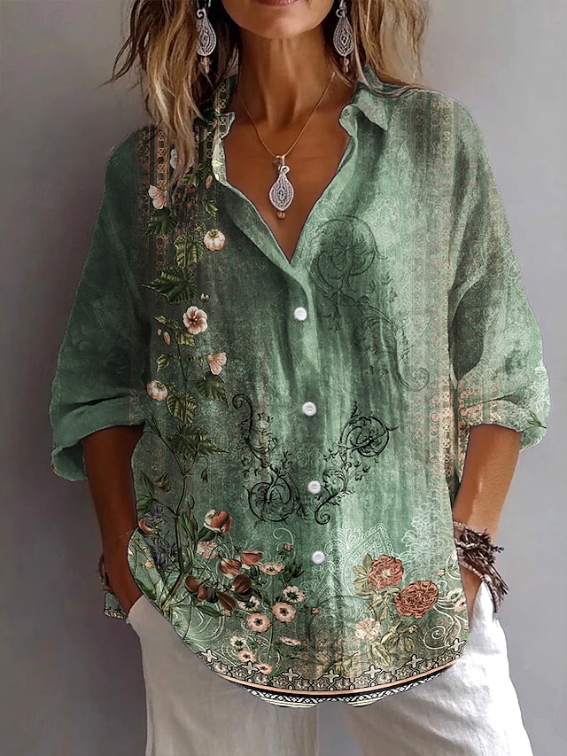  Femmes Chemise A Ombre Fleuri Graphique ancien Quotidien Élégant manche longue Col en V Col de chemise Hauts Réguliers Travail Quotidien Fête Boutons Imprimé Vert cendré Bleu Violet Été Printemps