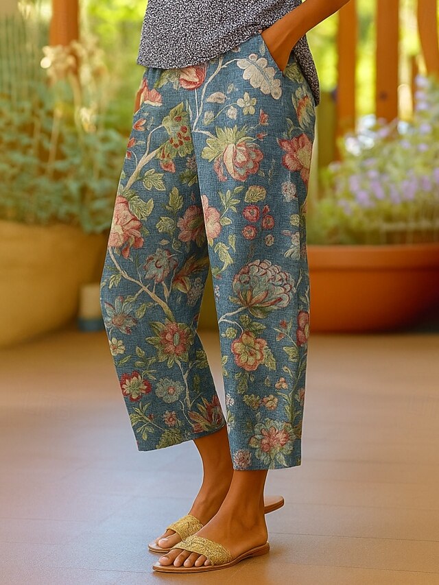 Women's Chinos Shorts Cropped Pants Elegant Vacation Vintage Ankle-Length High Waist Floral Graphic Striped Layered Inelastic Outdoor Street Daily Lake blue Blue Summer Spring Regular Fit3