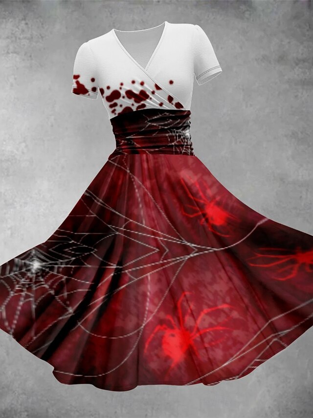 Halloween Women's Bloodstain Print Midi Dress Wrap Dress A Line Dress Dress Fit And Flare Dress Party Casual Daily Holiday Regular Fit Graphic Abstract Short Sleeve V Neck Red Beige Gray Fall4