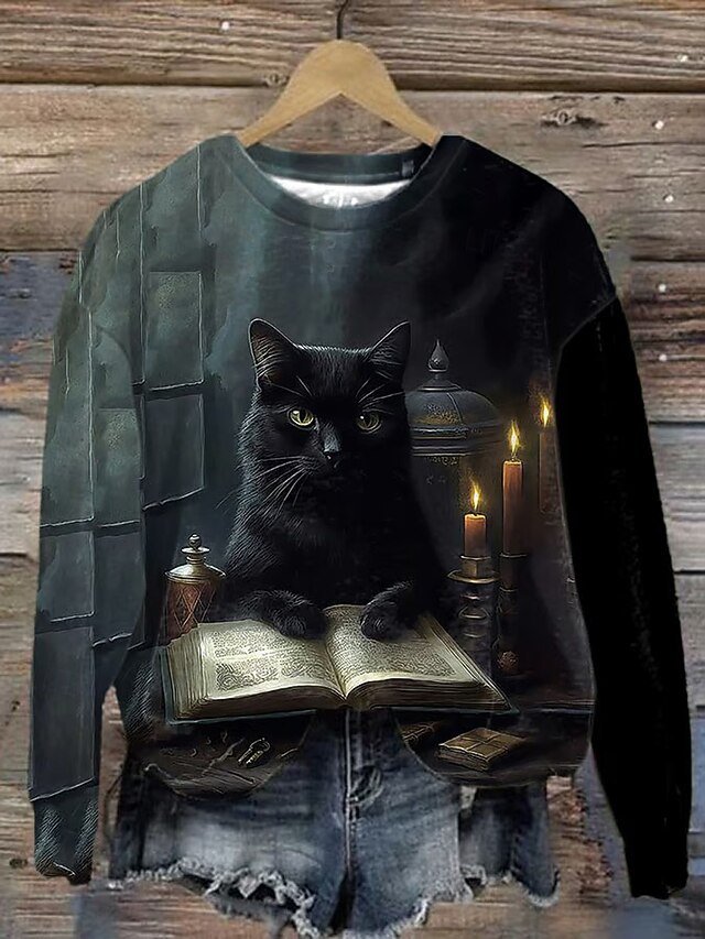 Halloween Women's Pullover Sweatshirt Black Cat Graphic Cat Fashion Casual Long Sleeve Crew Neck Regular Tops Street Dailywear Casual Print Yellow Green Fall Winter3