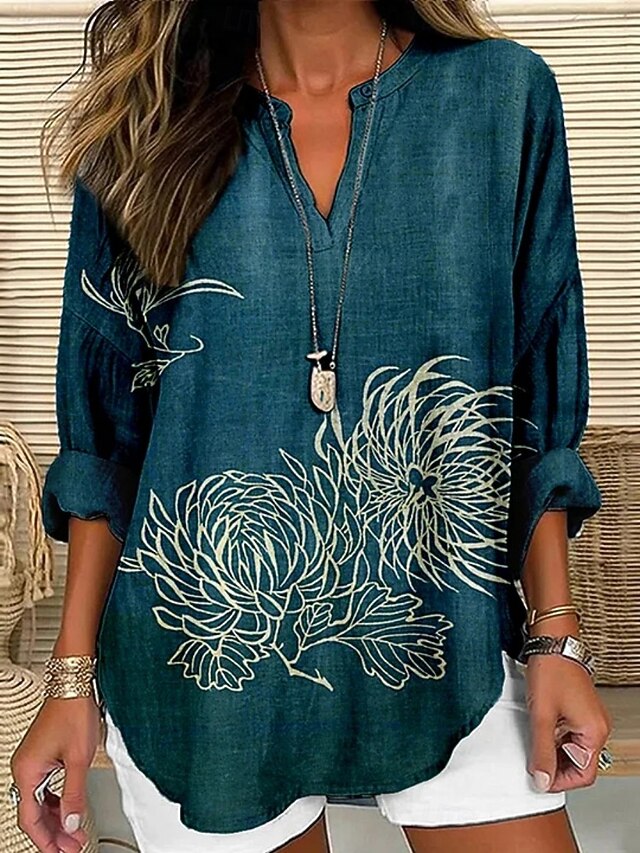 Women's Shirt Floral Daily Casual Long Sleeve Shirt Collar Regular Tops Daily Holiday Buttons Print Navy Blue Spring Fall4