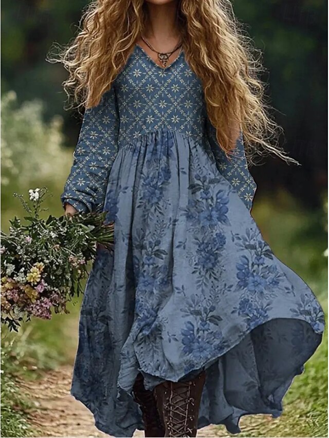  Femmes Robe maxi Robe d'Été Robe Plissée Vacances Occasionnel Boho Sortir Plage Fleuri Graphique Paisley manche longue Col en V Vert foncé Vin Gris foncé Bleu Été Printemps