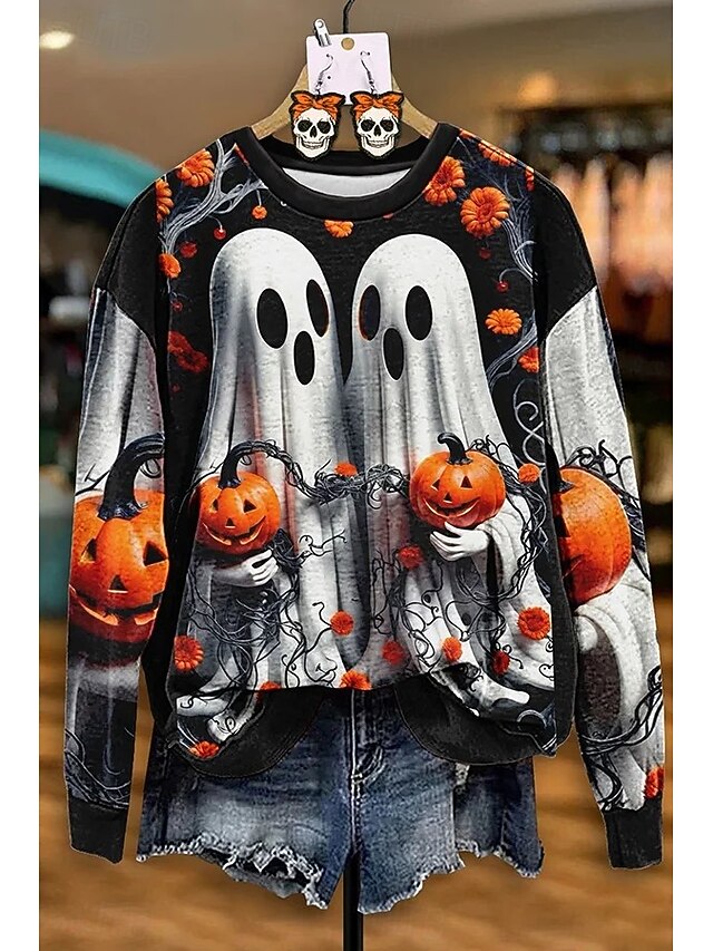 Halloween Women's Sweatshirts Ghost Graphic Skull Warm Casual Festival Long Sleeve Crew Neck Round Neck Regular Tops Street Dailywear Casual Print Black Spring Fall Winter4