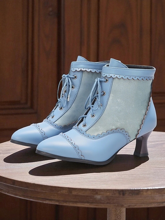  Bottines à lacets victoriennes bleu clair des années 1920 pour femmes – talons brogues à bords festonnés avec design bicolore, style vintage édouardien pour costumes rétro, cosplay, goûters et tenues quotidiennes