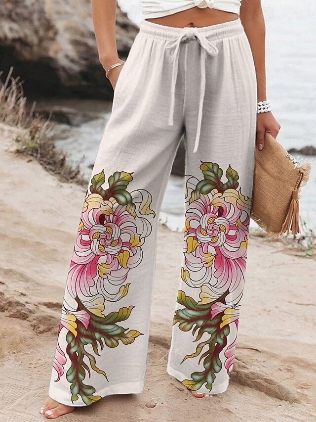 Women's Wide Leg Pants Trousers Vacation Casual Long High Waist Floral Elastic Waist Printing High Cut Breathability Soft Micro-elastic Vacation Street Daily Wear Beige Spring Fall Regular Fit4