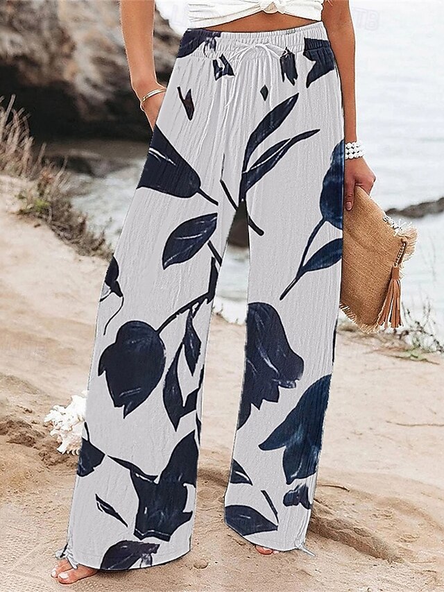Women's Wide Leg Pants Trousers Palazzo Pants Fashion Boho Full Length High Waist Flower Drawstring Elastic Waist Print Breathability Comfortable Street Daily Wear Going out White Pink Blue Spring4