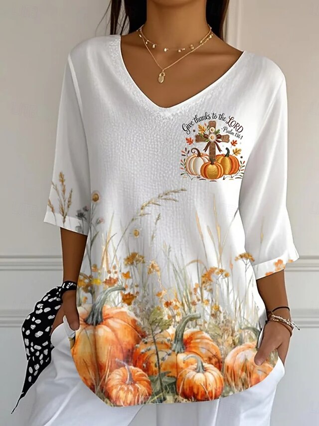 Halloween Women's Blouse Pumpkin Daily Casual 3/4 Length Sleeve V Neck Regular Tops Daily Holiday Print White Summer Spring Fall4