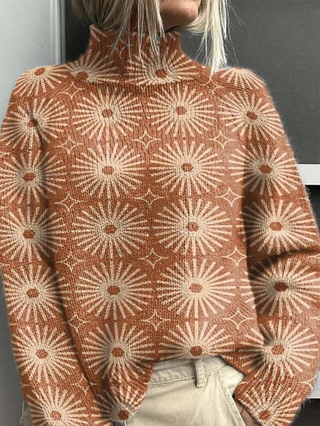 Women's Pullover Vacation Daily Geometric Color Block Ribbed Turtleneck Print Long Sleeve Regular Tops Knit Outdoor Daily Holiday Blue Brown Fall Winter4