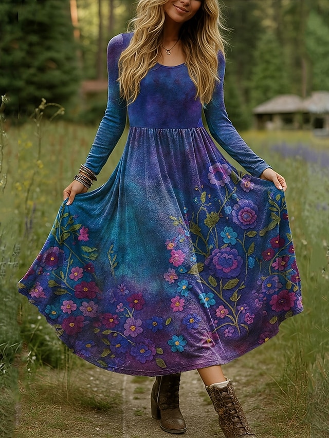  Női Maxiruha Fit and Flare ruha Szabadság Alkalmi Boho Parti Napi Alkalmi Normál Virágos Pöttyös Hosszú ujj Terített nyak Medence Égszínkék Bíbor Lóhere Ősz Tél