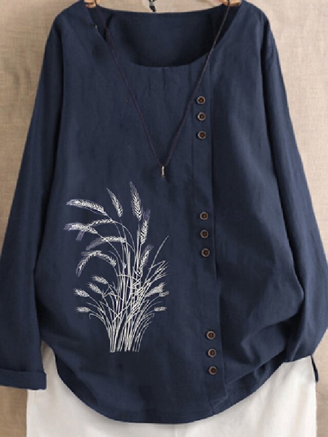 Women's Cotton Linen Shirts Floral Basic Casual Long Sleeve Crew Neck Regular Tops Daily Embroidered Buttons Navy Blue Green Light Blue Summer Fall4