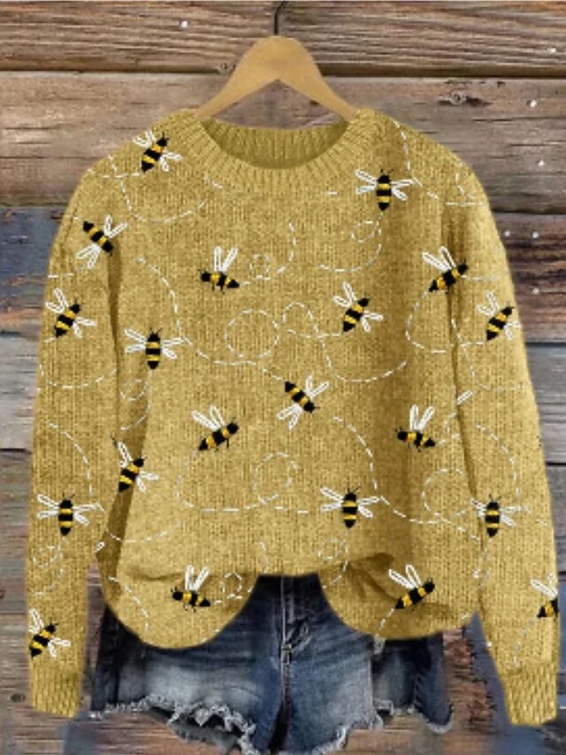 Women's Sweater Casual Soft Graphic Ribbed Crew Neck Knitted Print Long Sleeve Regular Tops Knit Outdoor Daily Weekend Yellow Green Fall Winter4