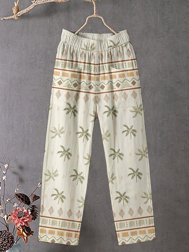 Women's Chinos Pants Trousers Streetwear Casual Full Length High Waist Coconut Tree Elastic Waist Print Breathability Comfortable Stretchy Vacation Street Daily Wear Green Summer Spring Fall Regular4