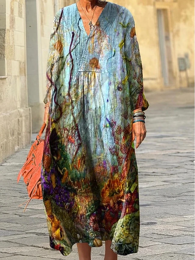 Women's Midi Dress Sundress A Line Dress Vacation Casual Boho Going out Beach Loose Fit Graphic Geometric Long Sleeve V Neck Purple Orange Green Spring Fall Winter Autumn4