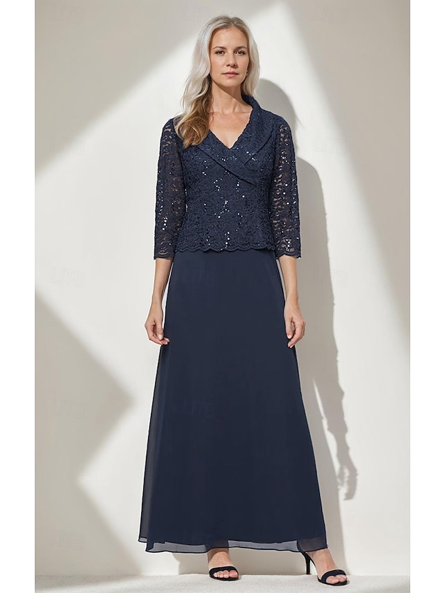  áčkové šaty pro matku nevěsty s portrétním límcem, elegantní jednoduché, minimalistické, s výstřihem do V, délka na zem, šifon, flitrovaná krajka, 3/4 rukávy s vroubkovaným lemem, 2025