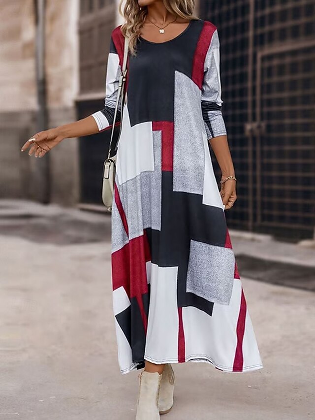  Damen Maxikleid A Linie Kleid Sommerkleid Urlaub Lässig Normale Passform Grafik Geometrisch Abstrakt Langarm Rundhalsausschnitt Rote Frühling Herbst Winter