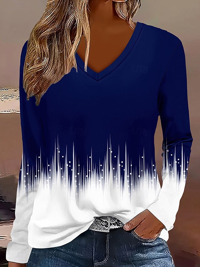 Women's T Shirt Ombre Graphic Abstract Vintage Stylish Classic Long Sleeve V Neck Regular Tops Daily Print Navy Blue Spring Fall Winter4