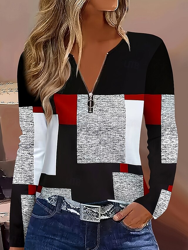Women's T Shirt Graphic Geometric Color Block Elegant Vintage Stylish Long Sleeve V Neck Regular Tops Daily Weekend Zipper Print Wine Spring Fall4