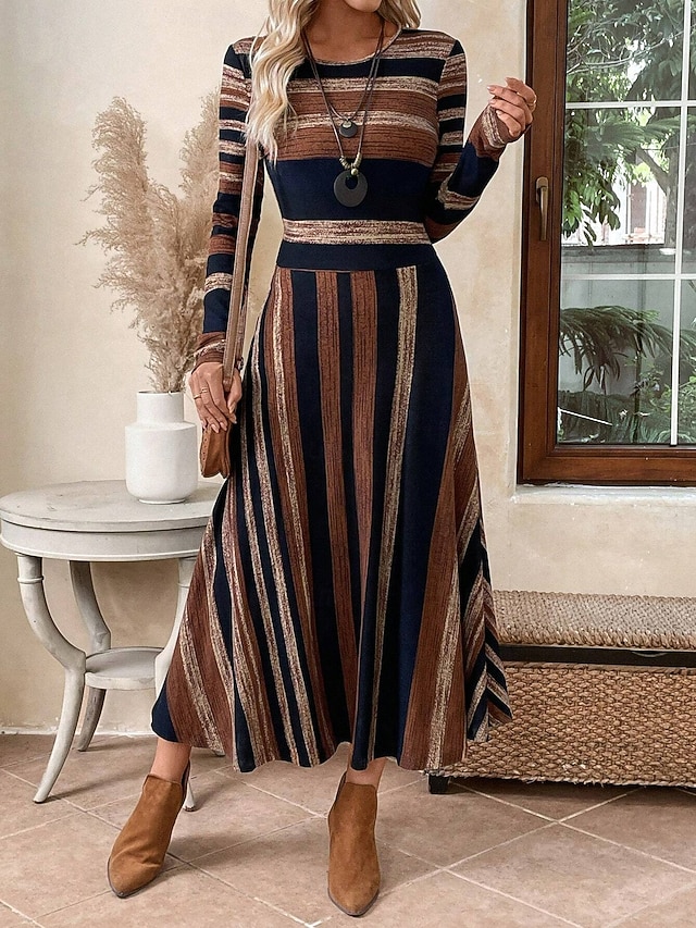  Damen Midikleid A Linie Kleid Figurbetontes Kleid Lässig Normale Passform Grafik Geometrisch Langarm Rundhalsausschnitt Braun Sommer Herbst Winter