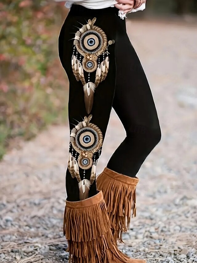 Women's Leggings Vacation Vintage Fashion Full Length High Waist Graphic Printing Thermal Warm Soft Breathable Stretchy Formal Outdoor Vacation Black Yellow Rainbow Spring Fall Slim Fit4