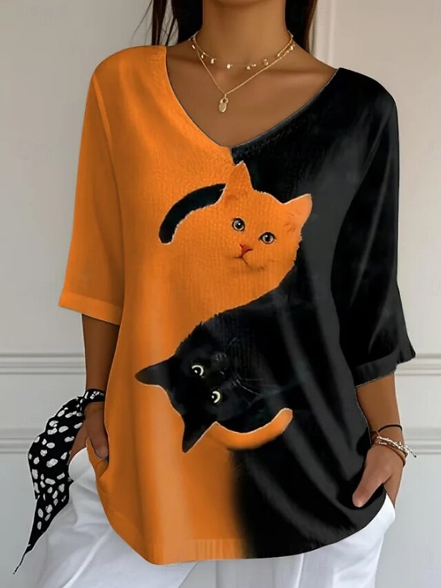Halloween Women's Blouse Cat Daily Casual 3/4 Length Sleeve V Neck Regular Tops Daily Holiday Print Orange Summer Spring Fall4