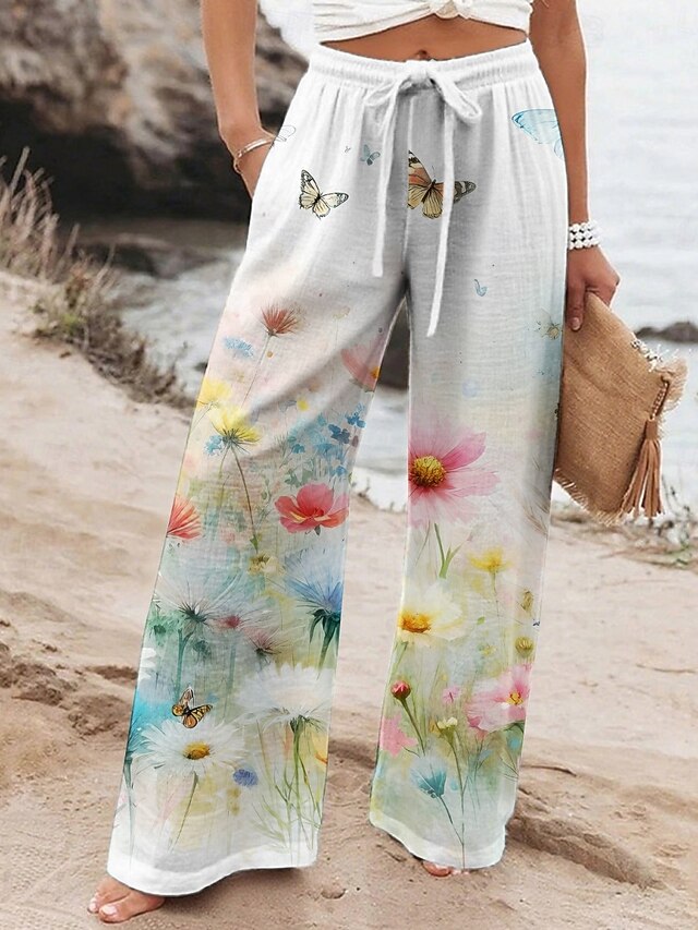 Women's Wide Leg Pants Trousers Vacation Casual Long High Waist Floral Elastic Waist Printing High Cut Breathability Soft Micro-elastic Vacation Street Daily Wear Yellow Blue Green Spring Fall4