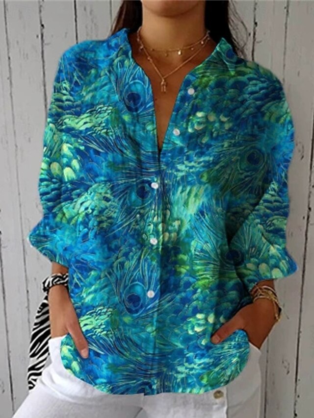 Women's Shirt Blouse Color Block Modern Casual Long Sleeve Shirt Collar Regular Tops Daily Holiday Buttons Print Blue Spring4