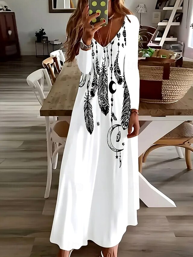 Women's Maxi long Dress White Dress Casual Dress A Line Dress Bohemia Vintage Stylish Holiday Loose Fit Ombre Graphic Feather Long Sleeve V Neck White Spring Fall Winter4