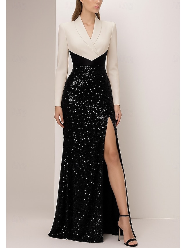  Smokingkleid Schlauchkleid Formell Hochzeit Satin Elegant Hoher Schlitz seidig Langarm Bodenlang Revers