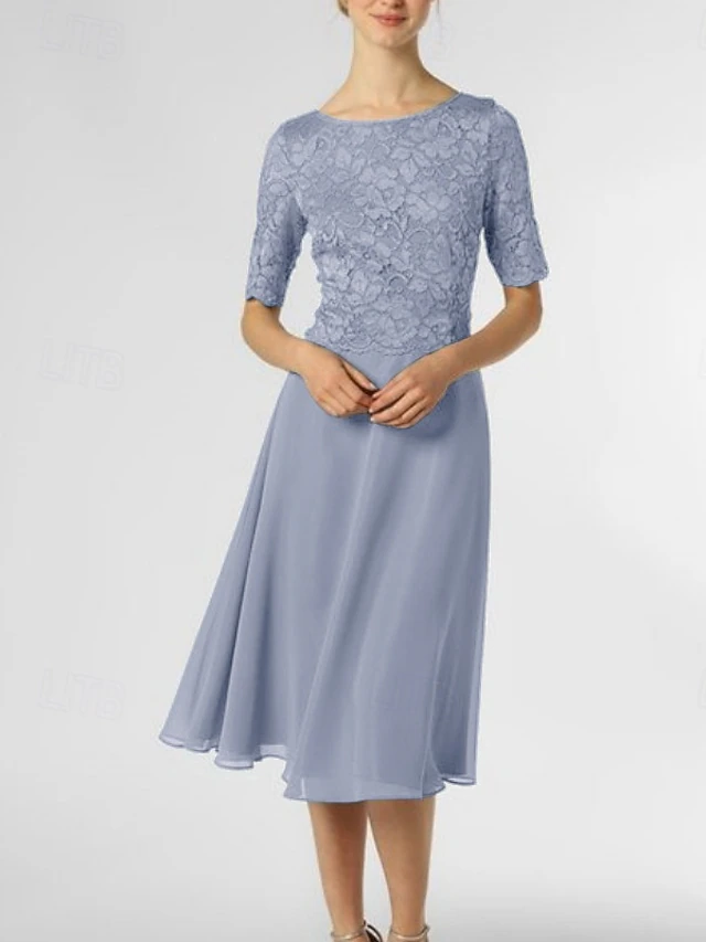 A-Line Mother of the Bride Dress Wedding Guest Elegant Petite Scoop Neck Knee Length Chiffon Half Sleeve with Pleats Solid Color 13