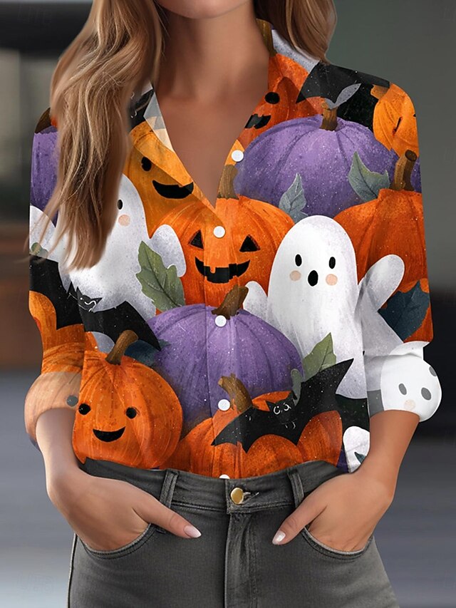 Halloween Women's Shirt Ghost Graphic Pumpkin Elegant Vintage Tropical Long Sleeve Bishop Sleeve Shirt Collar Regular Tops Daily Holiday Print Black Pink Orange Summer Spring Fall4