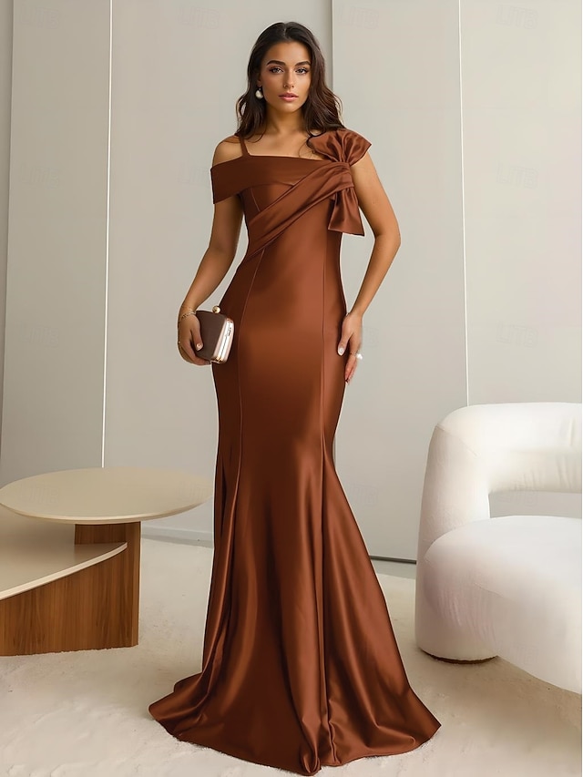  Rochie de seară tip sirenă  trompetă Rochie elegantă Invitată la nuntă Lungime până la podea Fără mâneci Un umăr Catifea elastică cu fundițe
