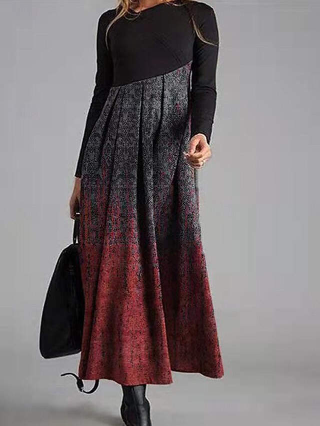 Women's Midi Dress A Line Dress Casual Daily Regular Fit Graphic Color Block Long Sleeve V Neck White Yellow Red Spring Fall Winter4