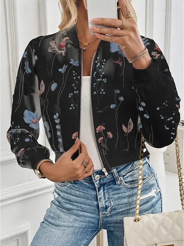  Damen Freizeitjacke Warm Schnelltrocknend Reißverschluss Tasche Elegant Mode Täglich Einfach Blumen Urlaub Lässig Täglich Ferien Kurz Baseball-Kragen Normale Passform Langarm Oberbekleidung Schwarz