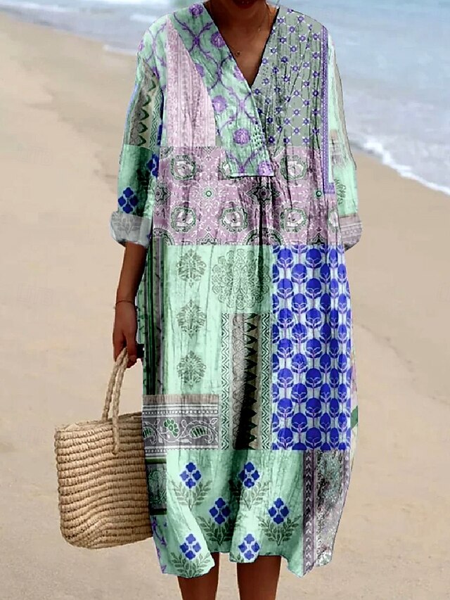  Per donna Abito Midi Vestito Casual Vestito Estivo Abito a trapezio Vacanza Casual Boho Feste Ferie Spiaggia Vestibilità comoda Floreale Grafico Astratto Manica Lunga Scollo a V Rosa chiaro Verde