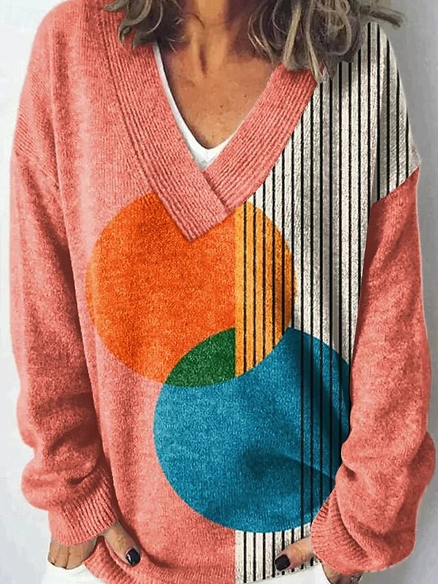 Women's Sweater Fashion Color Block Ribbed V Neck Knitted Long Sleeve Regular Tops Knit Holiday Going out Weekend Orange Winter4