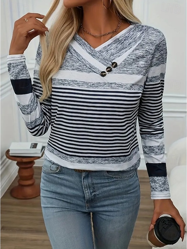  Per donna Maglietta Grafico Geometrico Vintage Elegante Classico Manica Lunga Girocollo Scollo a V Top Regolari Quotidiano Bottoni Stampato Asimmetrico Grigio Primavera Autunno