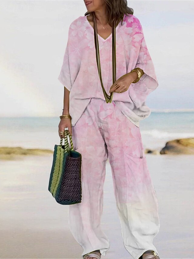 Women's Vacation Fashion Pants Sets 3/4 Length Sleeve V Neck Floral Print Vacation Daily Holiday Black Pink Summer Regular Fit4