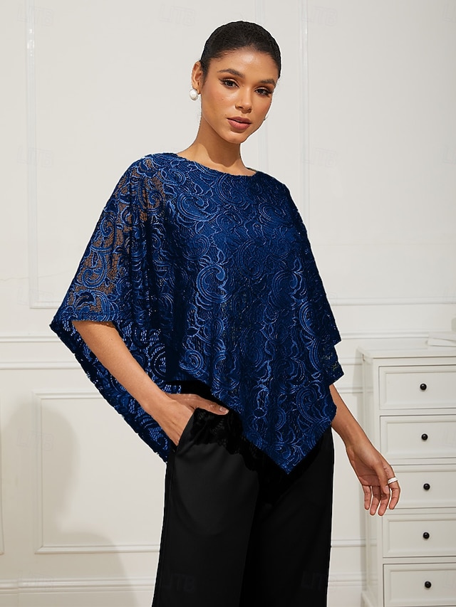 Damen Bluse Elegante Oberteile Spitze Patchwork Geschichtet Elegant Halbarm Rundhalsausschnitt Normale Oberteile Täglich Hochzeitsgast Königsblau Sommer Frühling Herbst