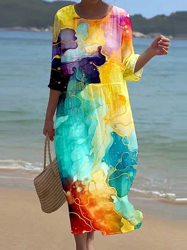 Women's Maxi Dress Kaftan 3/4 Length Sleeve Crew Neck Casual Shift Dress Dress Boho Daily Holiday Date Graphic Abstract Yellow Purple Green Spring4