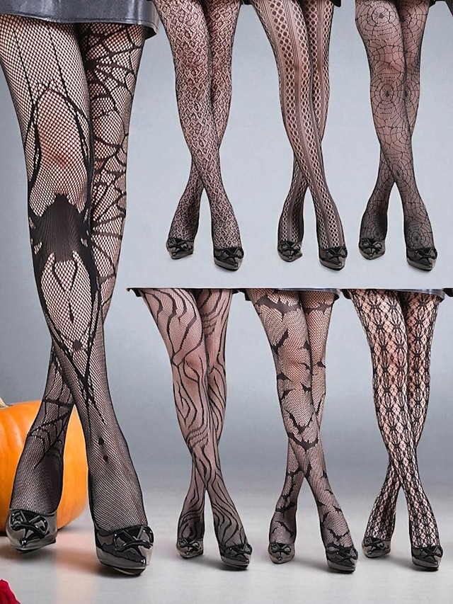  女性用ハロウィン柄網タイツ - 蜘蛛の巣、ドクロ、ゴシックデザインの黒の透けパンスト。魔女、吸血鬼、不気味なパーティー衣装にぴったりのセクシーなコスチュームストッキング。