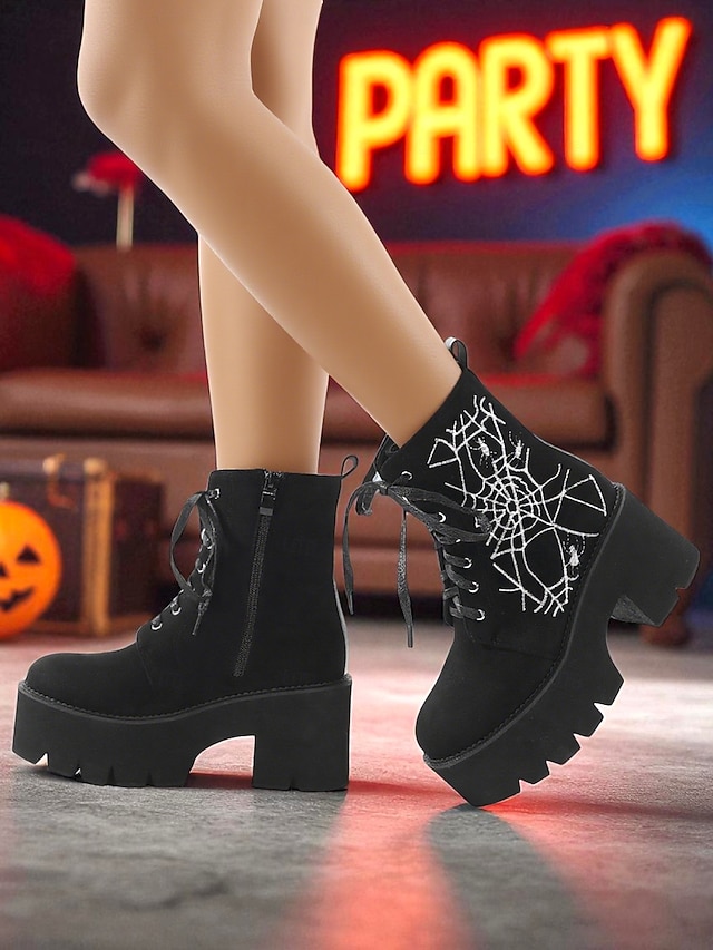  Dámské černé vojenské boty na platformě s výšivkou pavučiny - gotické kotníkové boty se šněrováním a robustním podpatkem na halloweenskou párty, cosplay a večerní zábavu