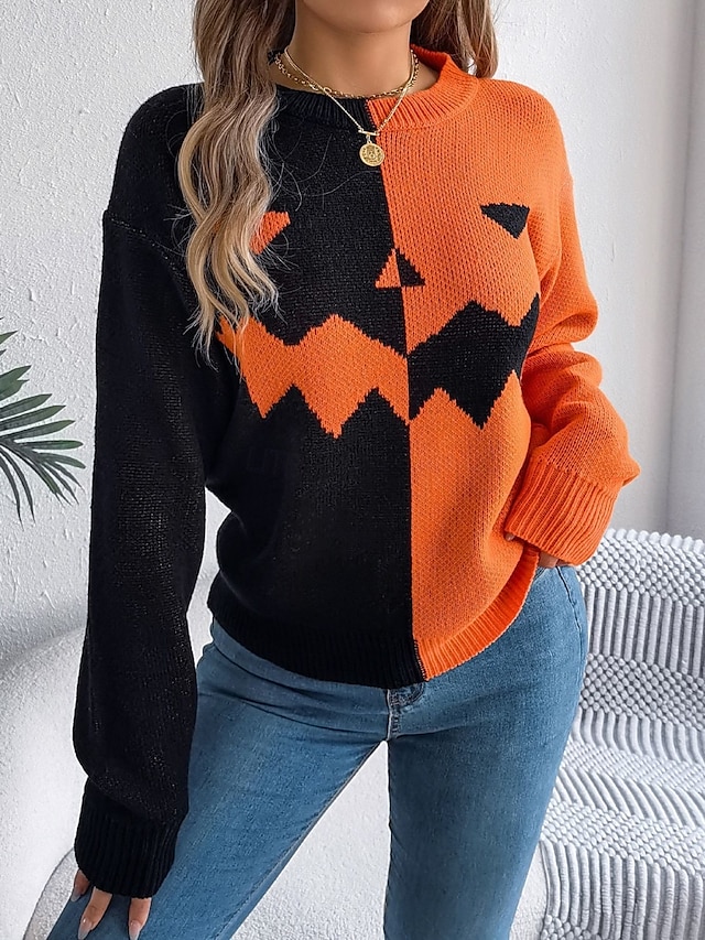  Maglione da donna Halloween con zucca casual morbido grafica colletto a coste maniche lunghe top regolari lavorato a maglia arancione khaki autunno inverno pre-autunno