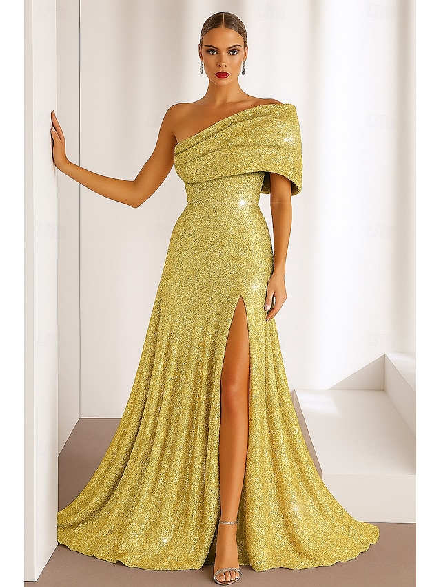  Sequined Gold Black A-Line Cocktail Dresses Elegant Dress Formal Wedding Floor Length Sleeveless One Shoulder Sequined with Glitter 2025