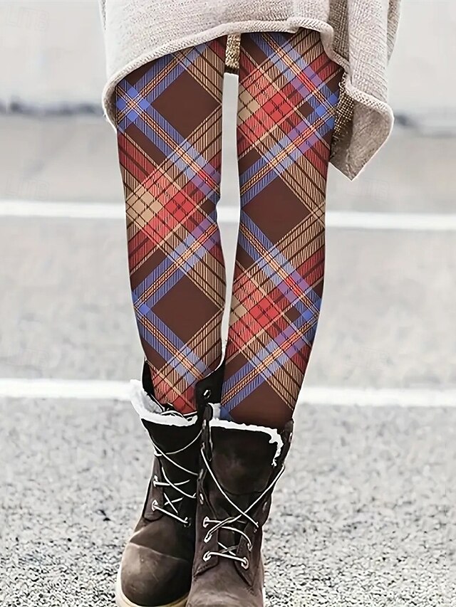 Women's Pants Trousers Leggings Cozy Leggings Streetwear Casual Full Length High Waist Plaid Elastic Waist Print Breathability Comfortable Stretchy Vacation Street Daily Wear Brown Summer Spring Fall4