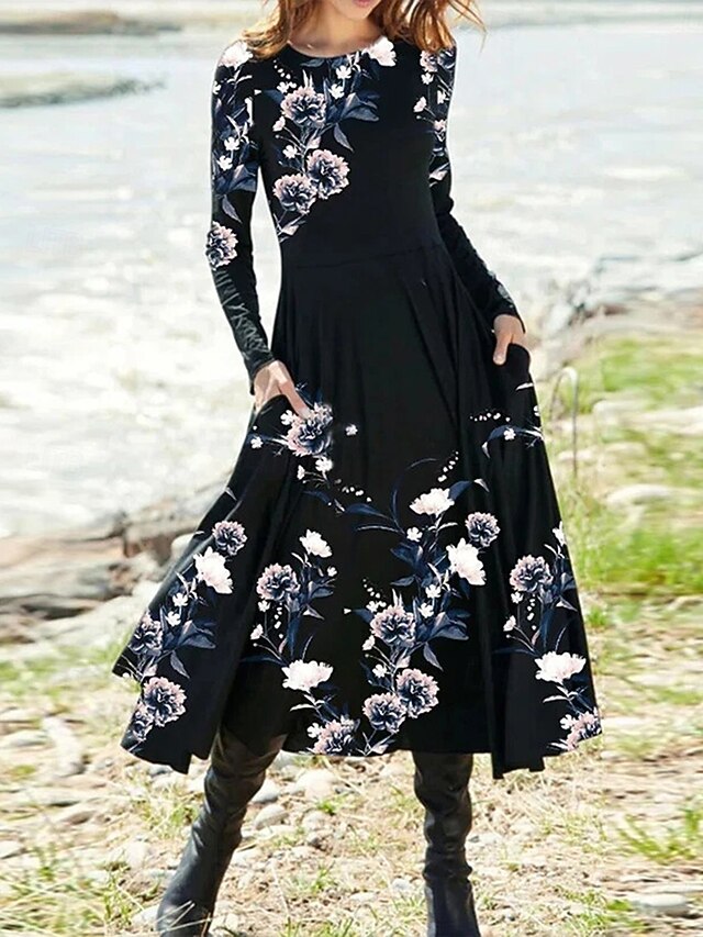 Women's Midi Dress A Line Dress Fit And Flare Dress Vacation Casual Boho Party Daily Going out Regular Fit Floral Graphic Long Sleeve Crew Neck White Red Beige Summer Spring Fall Winter4